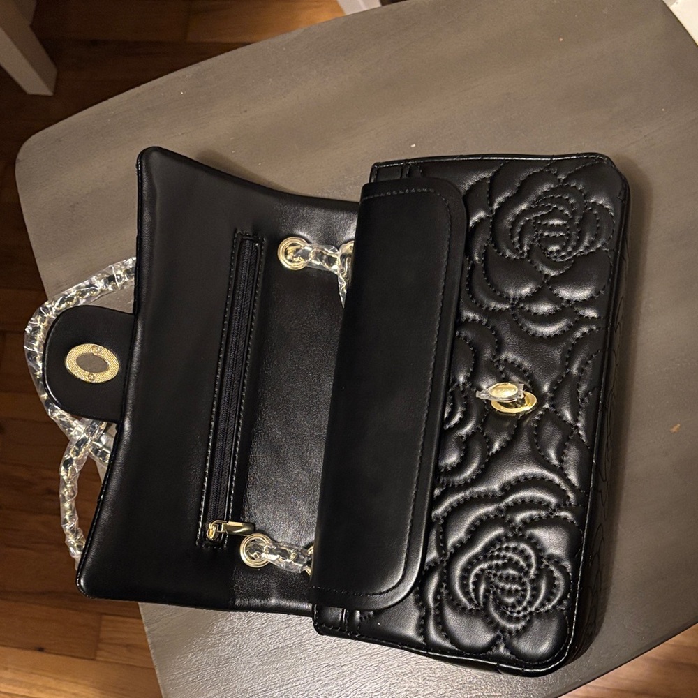 Leather Black Floral Quilted Shoulder Bag - Picture 6 of 10